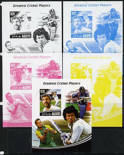 Maldive Islands 2014 Greatest Cricket Players - Ian Botham s/sheet - the set of 5 imperf progressive proofs comprising the 4 individual colours plus all 4-colour composit..., stamps on personalities, stamps on sport, stamps on cricket