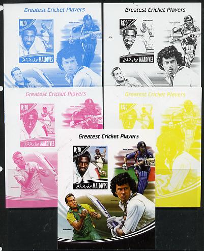 Maldive Islands 2014 Greatest Cricket Players - Viv Richards s/sheet - the set of 5 imperf progressive proofs comprising the 4 individual colours plus all 4-colour compos..., stamps on personalities, stamps on sport, stamps on cricket