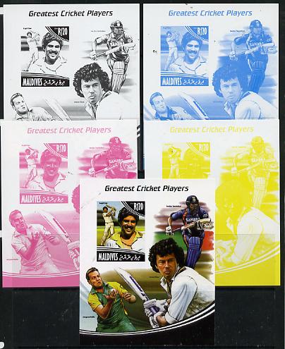 Maldive Islands 2014 Greatest Cricket Players - Kapil Dev s/sheet - the set of 5 imperf progressive proofs comprising the 4 individual colours plus all 4-colour composite..., stamps on personalities, stamps on sport, stamps on cricket