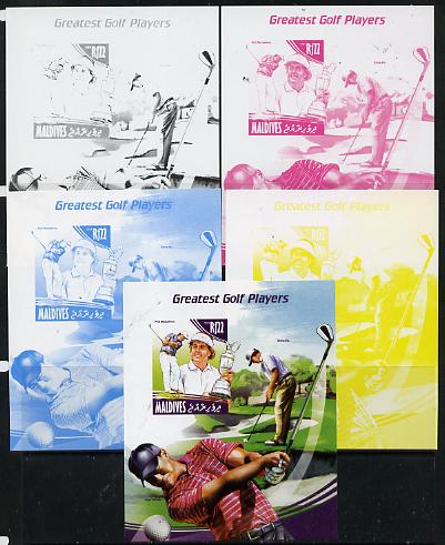 Maldive Islands 2014 Greatest Golf Players - Phil Mickelson s/sheet - the set of 5 imperf progressive proofs comprising the 4 individual colours plus all 4-colour composite, unmounted mint , stamps on personalities, stamps on sport, stamps on golf