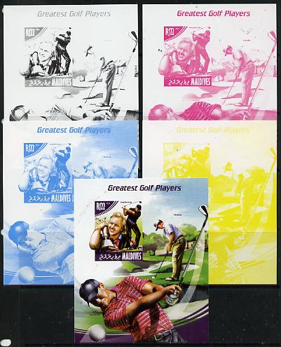 Maldive Islands 2014 Greatest Golf Players - Greg Norman s/sheet - the set of 5 imperf progressive proofs comprising the 4 individual colours plus all 4-colour composite,..., stamps on personalities, stamps on sport, stamps on golf
