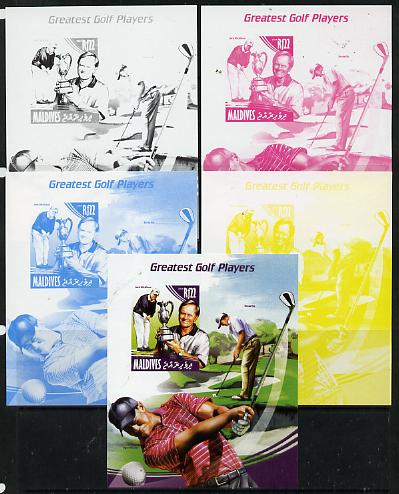 Maldive Islands 2014 Greatest Golf Players - Jack Nicklaus s/sheet - the set of 5 imperf progressive proofs comprising the 4 individual colours plus all 4-colour composit..., stamps on personalities, stamps on sport, stamps on golf