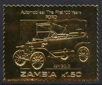Zambia 1987 Classic Cars 1k50 Ford in 22k gold foil unmounted mint, stamps on cars     ford