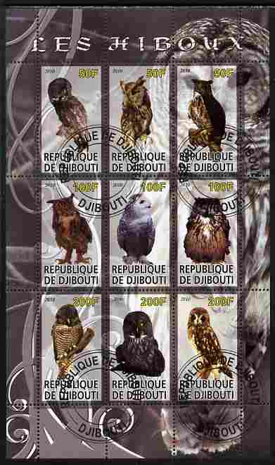 Djibouti 2010 Owls perf sheetlet containing 9 values fine cto used, stamps on birds, stamps on birds of prey, stamps on owls