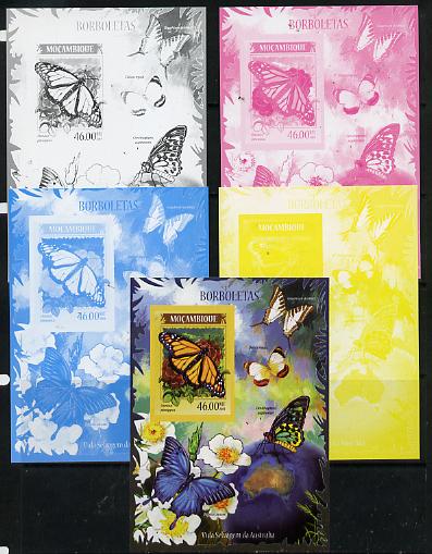 Mozambique 2014 Butterflies #01 imperf s/sheet A - the set of 5 imperf progressive proofs comprising the 4 individual colours plus all 4-colour composite, unmounted mint , stamps on butterflies