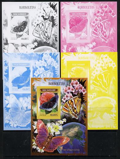 Mozambique 2014 Butterflies #02 imperf s/sheet A - the set of 5 imperf progressive proofs comprising the 4 individual colours plus all 4-colour composite, unmounted mint , stamps on butterflies