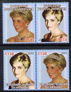 Easdale 2007 Princess Diana \A31.50 #3 perf se-tenant pair with images transposed and Country, value & date inverted (normal shown here for comparison but is not included) unmounted mint, stamps on personalities, stamps on diana, stamps on royalty, stamps on women