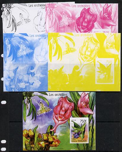 Togo 2014 Orchids imperf s/sheet A - the set of 5 imperf progressive proofs comprising the 4 individual colours plus all 4-colour composite, unmounted mint , stamps on flowers, stamps on orchids