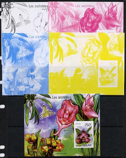 Togo 2014 Orchids imperf s/sheet B - the set of 5 imperf progressive proofs comprising the 4 individual colours plus all 4-colour composite, unmounted mint , stamps on flowers, stamps on orchids