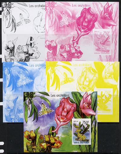 Togo 2014 Orchids imperf s/sheet D - the set of 5 imperf progressive proofs comprising the 4 individual colours plus all 4-colour composite, unmounted mint , stamps on flowers, stamps on orchids