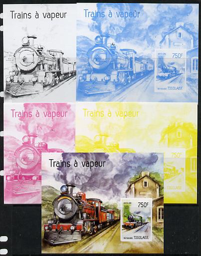 Togo 2014 Steam Locomotives imperf s/sheet C - the set of 5 imperf progressive proofs comprising the 4 individual colours plus all 4-colour composite, unmounted mint , stamps on railways