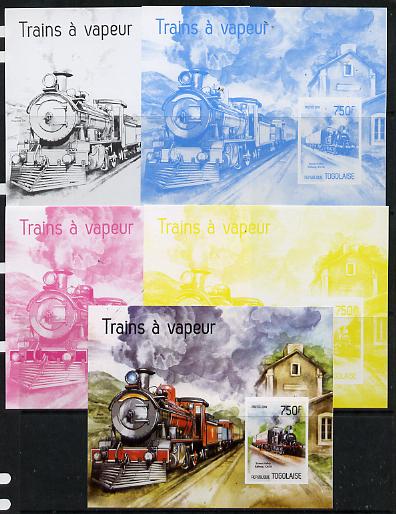 Togo 2014 Steam Locomotives imperf s/sheet D - the set of 5 imperf progressive proofs comprising the 4 individual colours plus all 4-colour composite, unmounted mint , stamps on railways