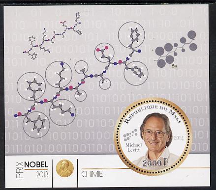 Mali 2014 Nobel Prize for Chemistry (2013) - Michael Levitt perf s/sheet containing one circular value unmounted mint , stamps on nobel, stamps on personalities, stamps on shaped, stamps on chemistry, stamps on 