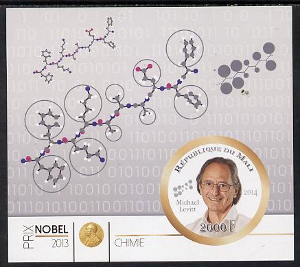 Mali 2014 Nobel Prize for Chemistry (2013) - Michael Levitt imperf s/sheet containing one circular value unmounted mint , stamps on nobel, stamps on personalities, stamps on shaped, stamps on chemistry, stamps on 