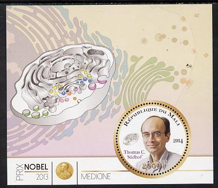 Mali 2014 Nobel Prize for Medicine (2013) - Thomas C Sudhof perf s/sheet containing one circular value unmounted mint , stamps on , stamps on  stamps on nobel, stamps on  stamps on personalities, stamps on  stamps on shaped, stamps on  stamps on medical, stamps on  stamps on 