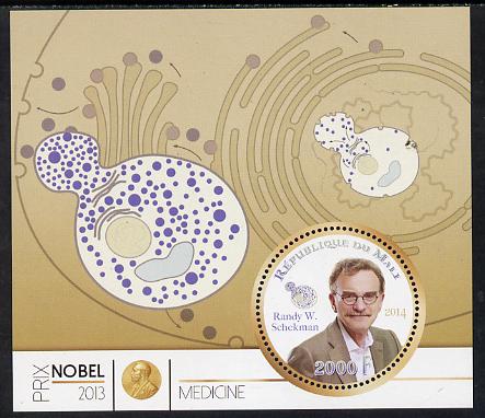 Mali 2014 Nobel Prize for Medicine (2013) - Randy W Schekman perf s/sheet containing one circular value unmounted mint , stamps on nobel, stamps on personalities, stamps on shaped, stamps on medical, stamps on 