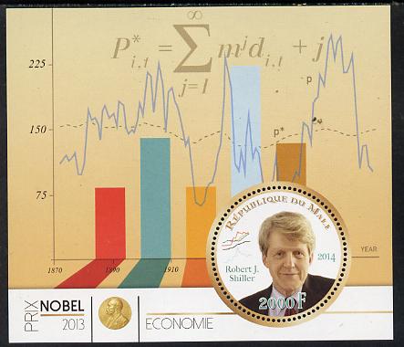 Mali 2014 Nobel Prize for Economics (2013) - Robert J Shiller perf s/sheet containing one circular value unmounted mint , stamps on nobel, stamps on personalities, stamps on shaped, stamps on economics, stamps on finance, stamps on 