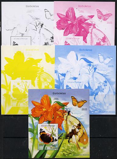 St Thomas & Prince Islands 2014 Butterflies A deluxe m/sheet - the set of 5 imperf progressive proofs comprising the 4 individual colours plus all 4-colour composite, unm..., stamps on butterflies, stamps on 