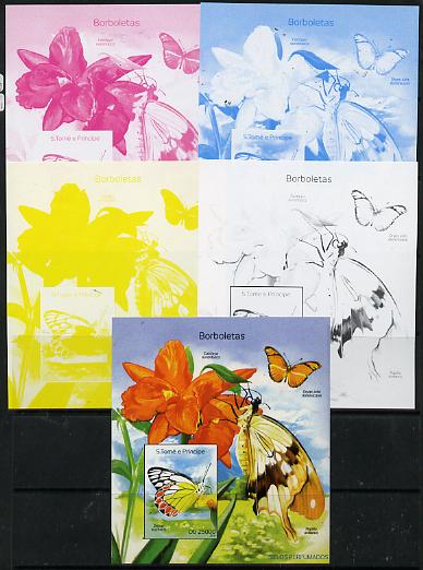 St Thomas & Prince Islands 2014 Butterflies B deluxe m/sheet - the set of 5 imperf progressive proofs comprising the 4 individual colours plus all 4-colour composite, unm..., stamps on butterflies, stamps on 