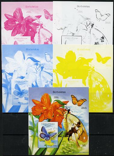St Thomas & Prince Islands 2014 Butterflies C deluxe m/sheet - the set of 5 imperf progressive proofs comprising the 4 individual colours plus all 4-colour composite, unm..., stamps on butterflies, stamps on 