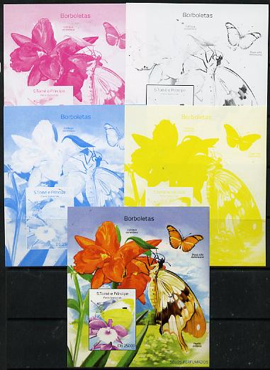 St Thomas & Prince Islands 2014 Butterflies D deluxe m/sheet - the set of 5 imperf progressive proofs comprising the 4 individual colours plus all 4-colour composite, unm..., stamps on butterflies, stamps on 