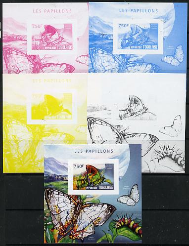 Togo 2014 Butterflies E deluxe m/sheet - the set of 5 imperf progressive proofs comprising the 4 individual colours plus all 4-colour composite, unmounted mint , stamps on , stamps on  stamps on butterflies, stamps on  stamps on 