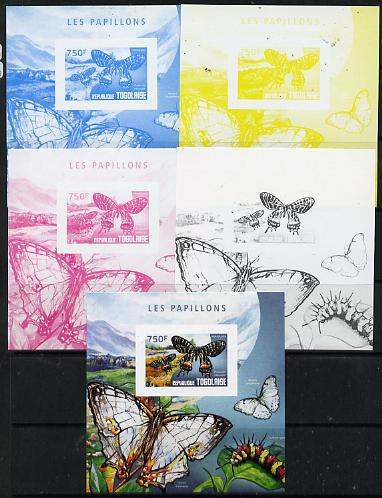 Togo 2014 Butterflies F deluxe m/sheet - the set of 5 imperf progressive proofs comprising the 4 individual colours plus all 4-colour composite, unmounted mint , stamps on butterflies, stamps on 
