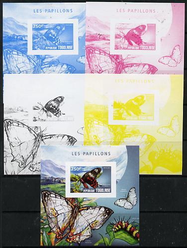 Togo 2014 Butterflies G deluxe m/sheet - the set of 5 imperf progressive proofs comprising the 4 individual colours plus all 4-colour composite, unmounted mint , stamps on butterflies, stamps on 