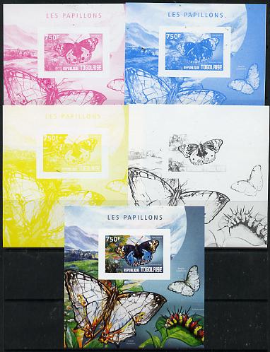 Togo 2014 Butterflies H deluxe m/sheet - the set of 5 imperf progressive proofs comprising the 4 individual colours plus all 4-colour composite, unmounted mint , stamps on butterflies, stamps on 