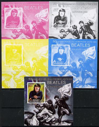 Central African Republic 2014 The Beatles - John Lennon deluxe m/sheet - the set of 5 imperf progressive proofs comprising the 4 individual colours plus all 4-colour composite, unmounted mint , stamps on personalities, stamps on music, stamps on pops, stamps on beatles