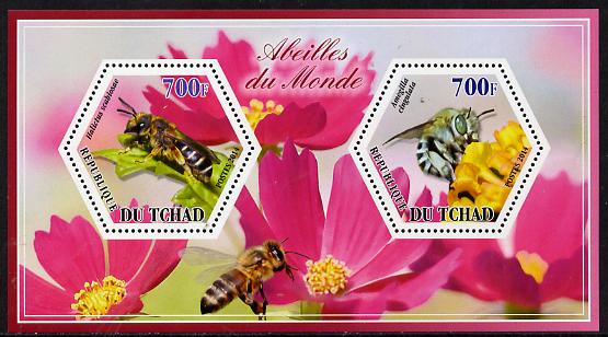 Chad 2014 Bees #3 perf sheetlet containing two hexagonal-shaped values unmounted mint , stamps on shaped, stamps on hexagon, stamps on hexagonal, stamps on bees