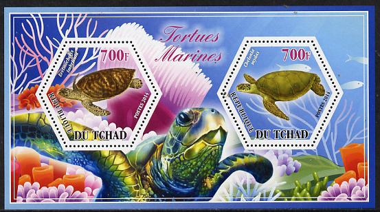 Chad 2014 Turtles #1 perf sheetlet containing two hexagonal-shaped values unmounted mint , stamps on shaped, stamps on hexagon, stamps on hexagonal, stamps on reptiles, stamps on turtles