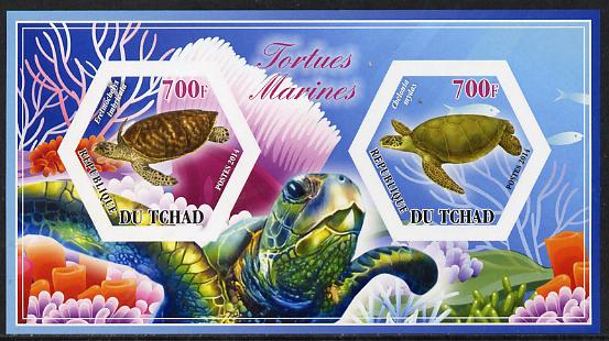 Chad 2014 Turtles #1 imperf sheetlet containing two hexagonal-shaped values unmounted mint , stamps on , stamps on  stamps on shaped, stamps on  stamps on hexagon, stamps on  stamps on hexagonal, stamps on  stamps on reptiles, stamps on  stamps on turtles