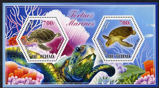 Chad 2014 Turtles #3 perf sheetlet containing two hexagonal-shaped values unmounted mint , stamps on shaped, stamps on hexagon, stamps on hexagonal, stamps on reptiles, stamps on turtles