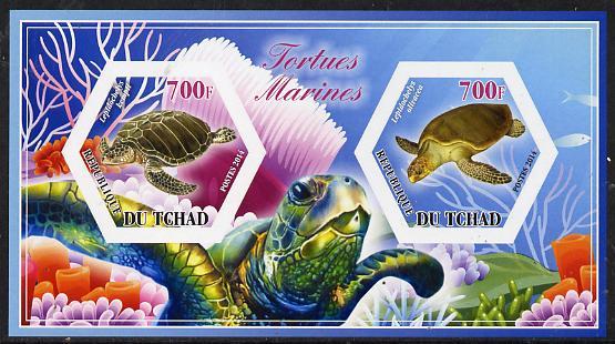 Chad 2014 Turtles #3 imperf sheetlet containing two hexagonal-shaped values unmounted mint , stamps on shaped, stamps on hexagon, stamps on hexagonal, stamps on reptiles, stamps on turtles