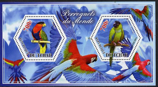 Chad 2014 Parrots #1 perf sheetlet containing two hexagonal-shaped values unmounted mint , stamps on shaped, stamps on hexagon, stamps on hexagonal, stamps on birds.parrots