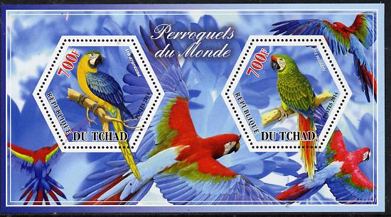 Chad 2014 Parrots #2 perf sheetlet containing two hexagonal-shaped values unmounted mint , stamps on shaped, stamps on hexagon, stamps on hexagonal, stamps on birds.parrots