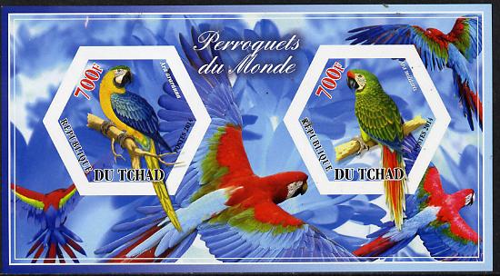 Chad 2014 Parrots #2 imperf sheetlet containing two hexagonal-shaped values unmounted mint , stamps on , stamps on  stamps on shaped, stamps on  stamps on hexagon, stamps on  stamps on hexagonal, stamps on  stamps on birds.parrots