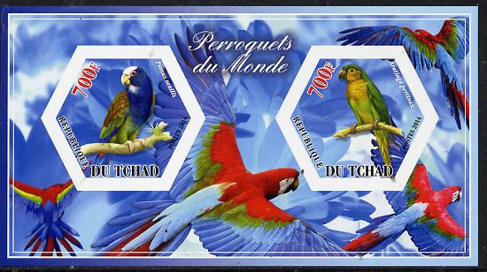 Chad 2014 Parrots #3 imperf sheetlet containing two hexagonal-shaped values unmounted mint , stamps on shaped, stamps on hexagon, stamps on hexagonal, stamps on birds.parrots