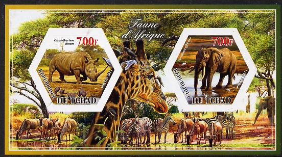 Chad 2014 Animals of Africa #3 imperf sheetlet containing two hexagonal-shaped values unmounted mint , stamps on shaped, stamps on hexagon, stamps on hexagonal, stamps on animals, stamps on 