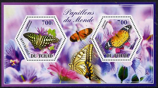 Chad 2014 Butterflies #5 perf sheetlet containing two hexagonal-shaped values unmounted mint , stamps on shaped, stamps on hexagon, stamps on hexagonal, stamps on butterflies