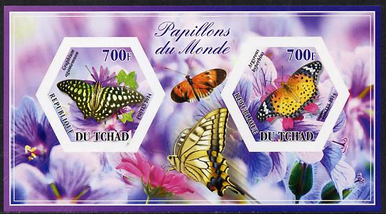 Chad 2014 Butterflies #5 imperf sheetlet containing two hexagonal-shaped values unmounted mint , stamps on shaped, stamps on hexagon, stamps on hexagonal, stamps on butterflies