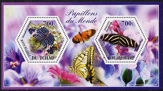 Chad 2014 Butterflies #6 perf sheetlet containing two hexagonal-shaped values unmounted mint , stamps on shaped, stamps on hexagon, stamps on hexagonal, stamps on butterflies