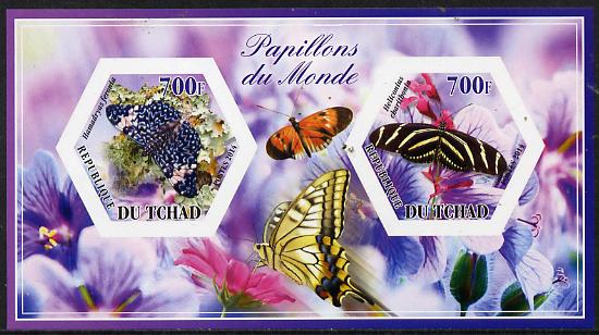 Chad 2014 Butterflies #6 imperf sheetlet containing two hexagonal-shaped values unmounted mint , stamps on shaped, stamps on hexagon, stamps on hexagonal, stamps on butterflies