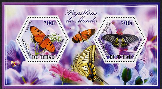 Chad 2014 Butterflies #7 perf sheetlet containing two hexagonal-shaped values unmounted mint , stamps on shaped, stamps on hexagon, stamps on hexagonal, stamps on butterflies
