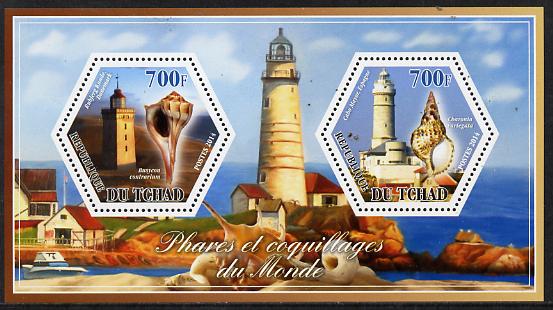 Chad 2014 Lighthouses & Shells #1 perf sheetlet containing two hexagonal-shaped values unmounted mint , stamps on shaped, stamps on hexagon, stamps on hexagonal, stamps on lighthouses, stamps on shells, stamps on marine life