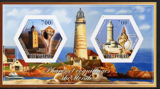 Chad 2014 Lighthouses & Shells #1 imperf sheetlet containing two hexagonal-shaped values unmounted mint , stamps on shaped, stamps on hexagon, stamps on hexagonal, stamps on lighthouses, stamps on shells, stamps on marine life