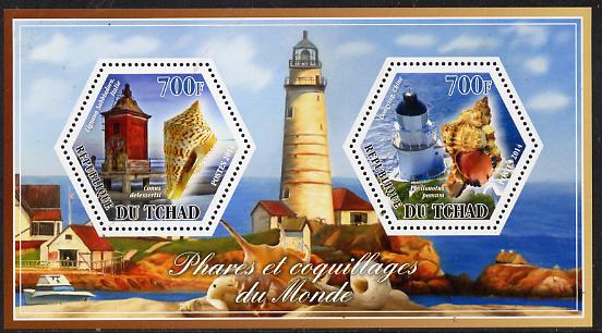 Chad 2014 Lighthouses & Shells #2 perf sheetlet containing two hexagonal-shaped values unmounted mint , stamps on shaped, stamps on hexagon, stamps on hexagonal, stamps on lighthouses, stamps on shells, stamps on marine life