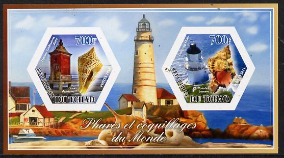 Chad 2014 Lighthouses & Shells #2 imperf sheetlet containing two hexagonal-shaped values unmounted mint , stamps on shaped, stamps on hexagon, stamps on hexagonal, stamps on lighthouses, stamps on shells, stamps on marine life