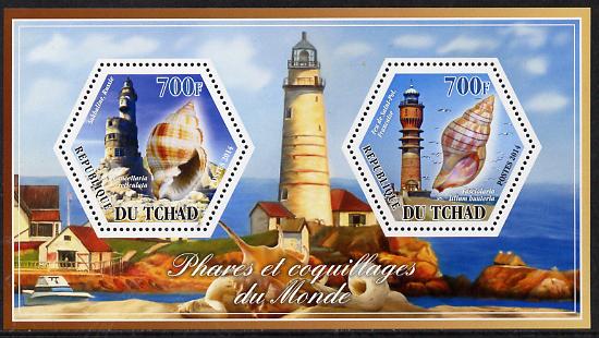 Chad 2014 Lighthouses & Shells #3 perf sheetlet containing two hexagonal-shaped values unmounted mint , stamps on , stamps on  stamps on shaped, stamps on  stamps on hexagon, stamps on  stamps on hexagonal, stamps on  stamps on lighthouses, stamps on  stamps on shells, stamps on  stamps on marine life